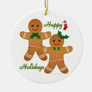 Happy Holidays Gingerbread Man Boy Girl Ceramic Ornament