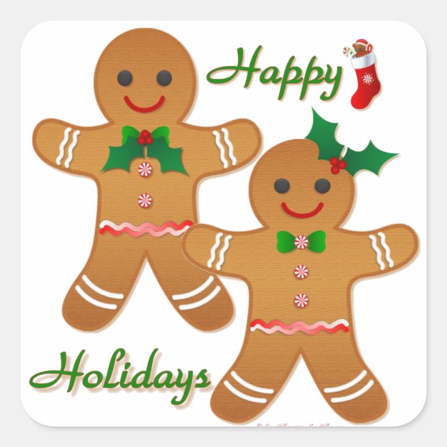 Happy Holidays Gingerbread Man Boy Girl Square Sticker (Front)