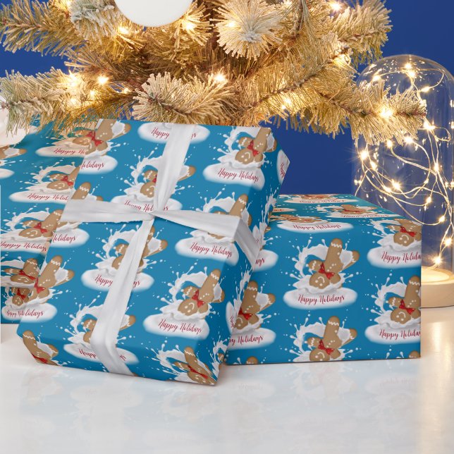 Happy Holidays Gingerbread Man in Milk  Wrapping Paper (Holidays)