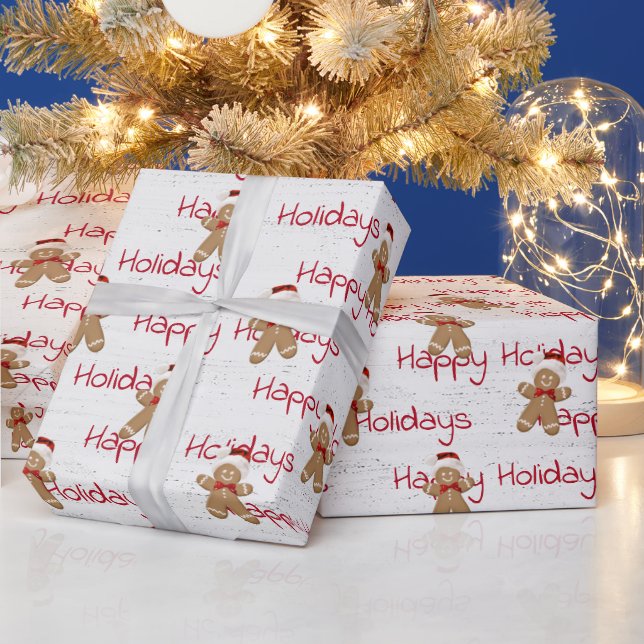 Happy Holidays Gingerbread Man on Wood Wrapping Paper (Holidays)