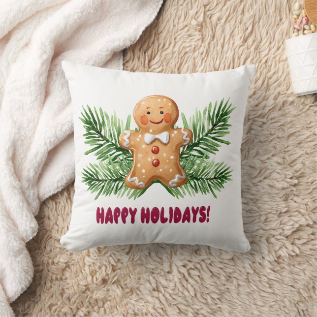 Happy Holidays Gingerbread Man & Pine Branches Throw Pillow (Blanket)
