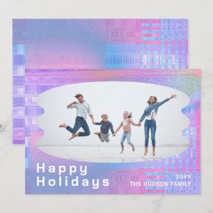 Happy Holidays Glitch Pink Trendy Photo Christmas Holiday Card