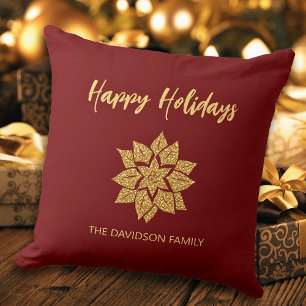 Happy Holidays Glitter Poinsettia Christmas Throw Pillow