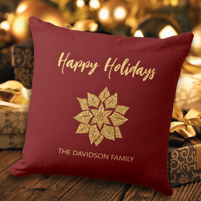 Happy Holidays Glitter Poinsettia Christmas Throw Pillow (Creator Uploaded)