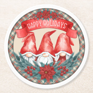 Happy Holidays Gnomes Round Paper Coaster