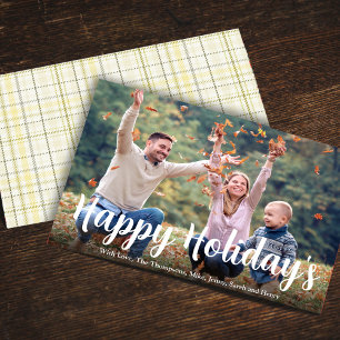 Happy Holidays Gold Calligraphy Winter Plaid Holiday Card