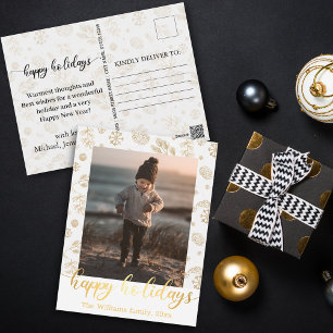 happy holidays, gold chic script holiday photo postcard
