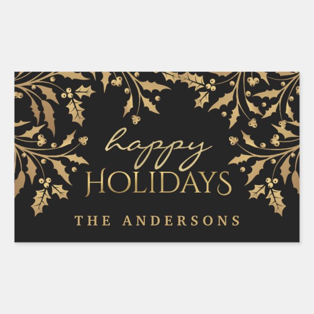 Happy Holidays Gold Faux Foil Holly Branches Sticker (Front)