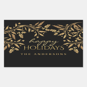 Happy Holidays Gold Faux Foil Holly Branches Sticker
