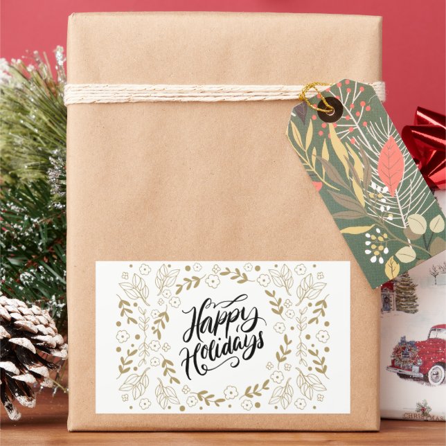 Happy Holidays Gold Floral with Branches & Blooms Sticker (Holiday)