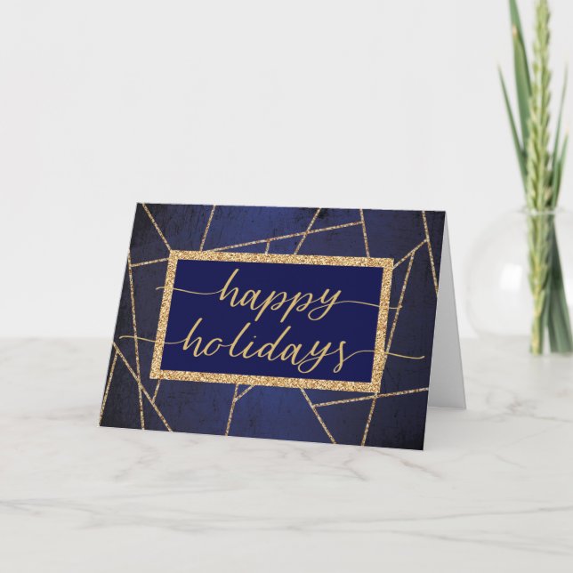 Happy Holidays Gold Glitter Blue Corporate Holiday Card (Front)