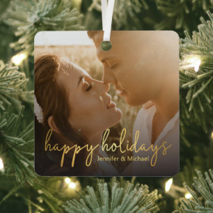happy holidays gold handwriting wedding day photo metal ornament