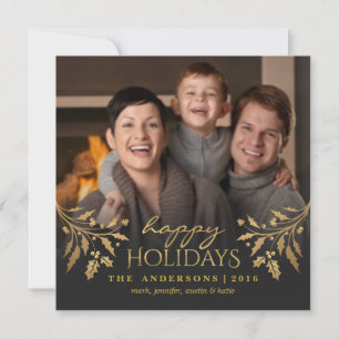 Happy Holidays Gold Holly Photo Carte Plat