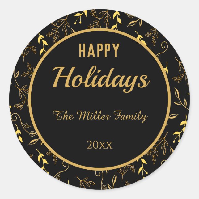 Happy Holidays Gold Leaves on Black Classic Round Sticker (Front)