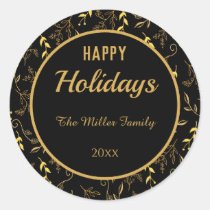 Happy Holidays Gold Leaves on Black Classic Round Sticker
