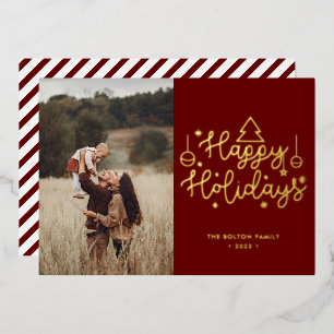 Happy Holidays Gold Lettering Christmas Photo Foil Holiday Card