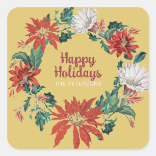 Happy Holidays Gold Name Floral Poinsettia Wreath Square Sticker
