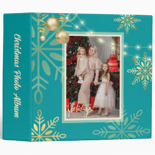 Happy holidays gold ornaments, snowflakes, green binder