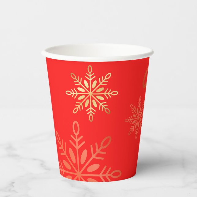 Happy holidays gold ornaments, snowflakes red paper cups (Front)