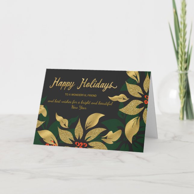 Happy Holidays Gold Poinsettia Special Friend Holiday Card (Front)