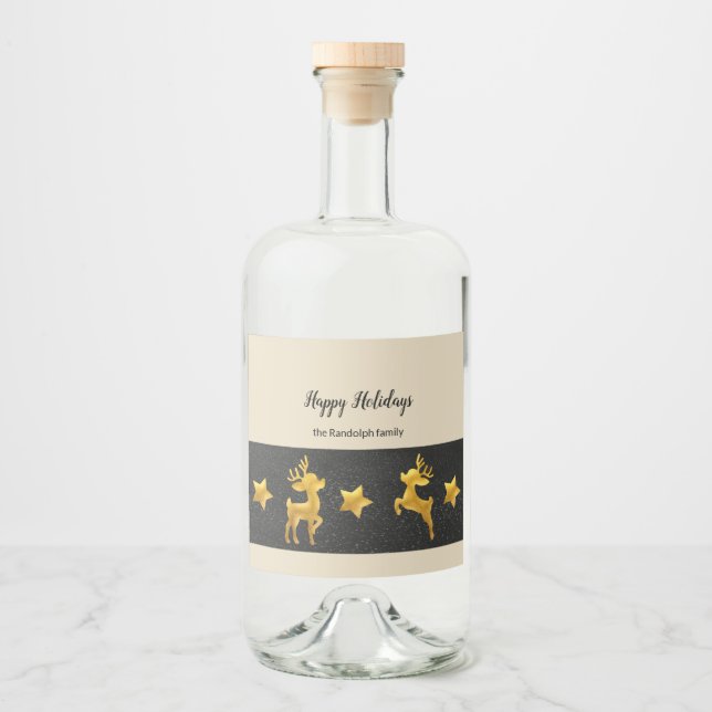 Happy Holidays Gold Reindeer Celebration Liquor Bottle Label (Front)