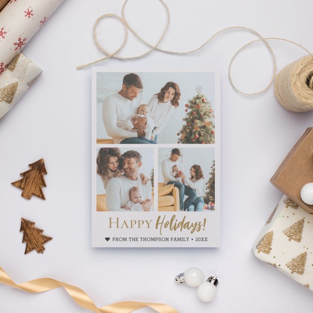 Happy Holidays Gold Script 3 photos Christmas Holiday Card (Happy holidays 3 family photo Christmas card template Gold script.)