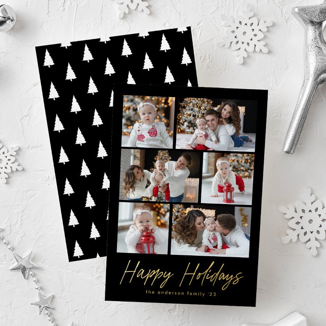 Happy Holidays Gold Script 6 Photo Collage Foil Holiday Card (Creator Uploaded)