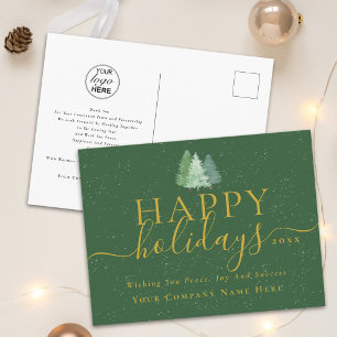 Happy Holidays Gold Script Business Logo Green Holiday Postcard