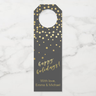 Happy Holidays - Gold Script & Confetti Bottle Tag