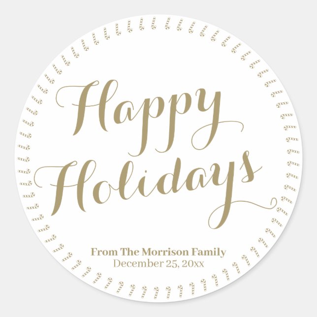 Happy Holidays gold script custom family name Classic Round Sticker (Front)