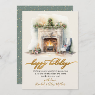 Happy Holidays Gold Script Fireplace Non Photo Holiday Card