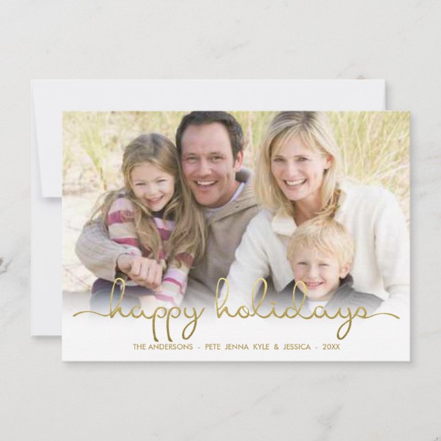 Happy Holidays Gold Script Lettering Photo Card (Front)