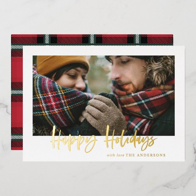 Happy holidays gold script red tartan christmas  foil holiday card (Front/Back)