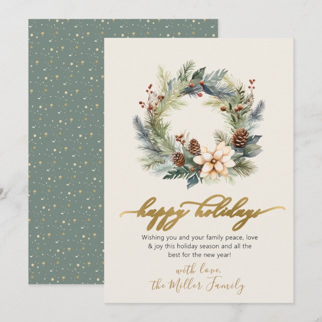 Happy Holidays Gold Script Wreath Greenery Card (Front/Back)