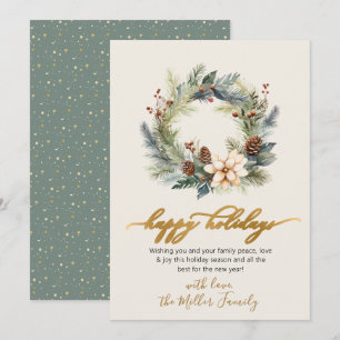 Happy Holidays Gold Script Wreath Greenery Card