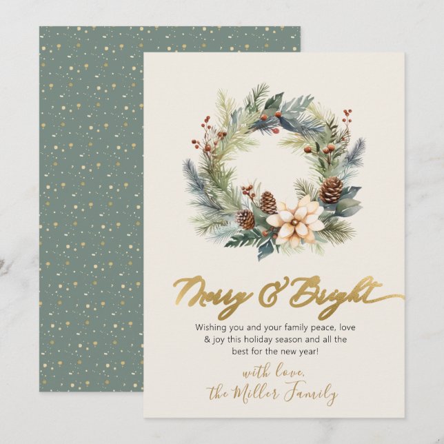 Happy Holidays Gold Script Wreath Greenery Card (Front/Back)