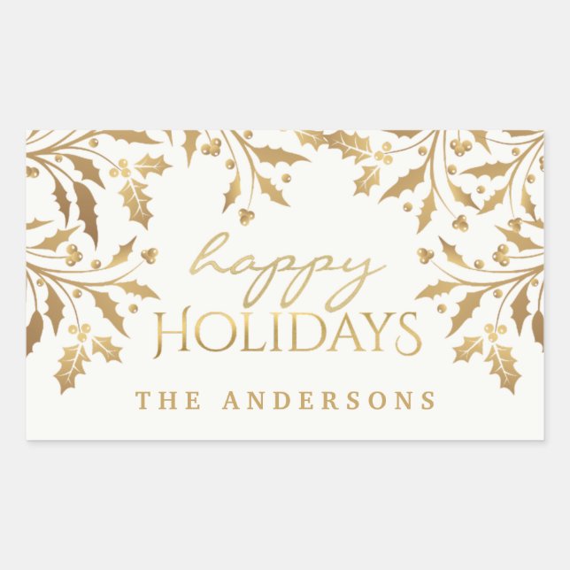 Happy Holidays Gold Shimmer Holly Branches Sticker (Front)