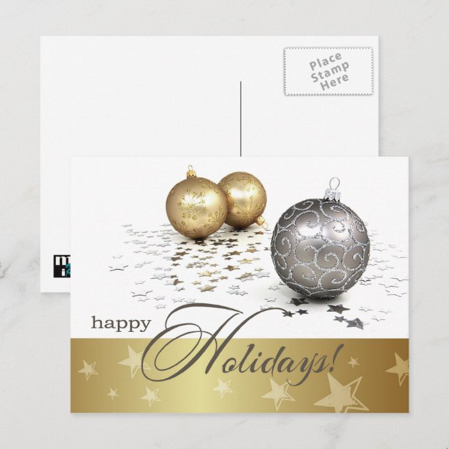 Happy Holidays. Gold & Silver Baubles  Holiday Postcard (Front/Back)