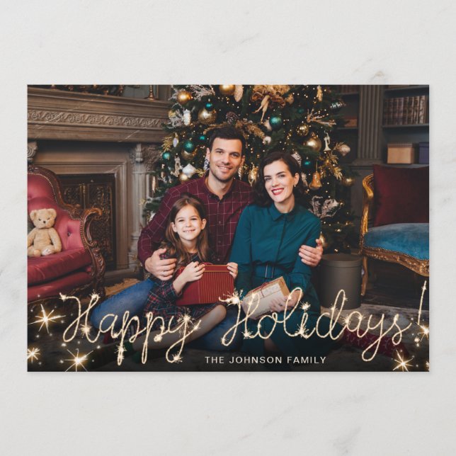 Happy Holidays Gold Sparkle Script PHOTO Greeting Holiday Card (Front)