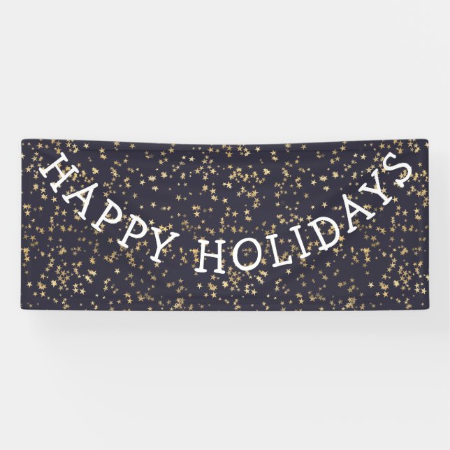 Happy Holidays Gold Stars Navy Blue Christmas Banner (Horizontal)