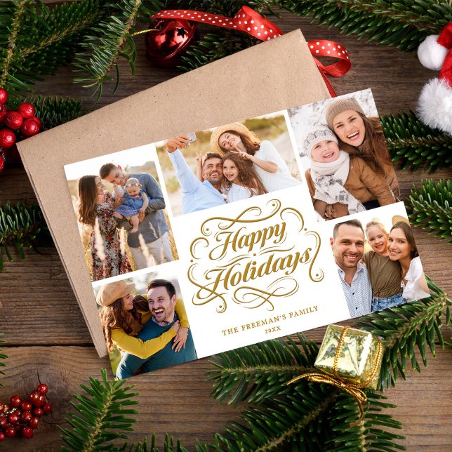 Happy Holidays Gold & White 5 Photo Collage Card (Creator Uploaded)