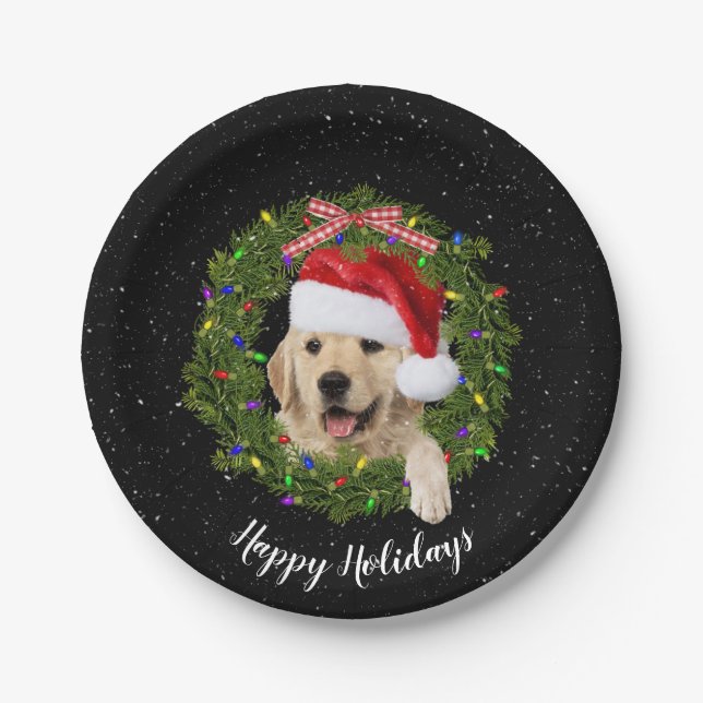 Happy Holidays golden retriever Paper Plate (Front)