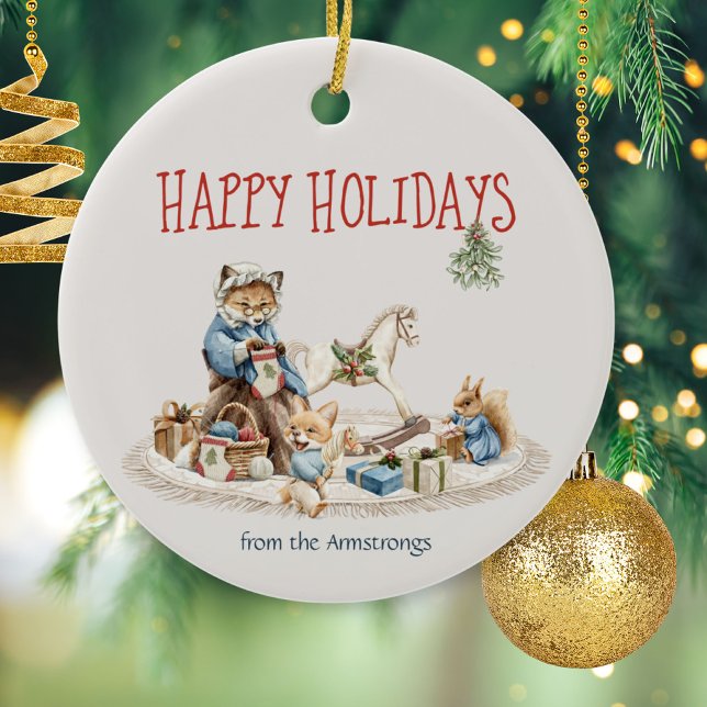 Happy Holidays Granny Children Watercolor Animals Ceramic Ornament (Happy Holidays Granny Children Watercolor Animals Ceramic Ornament ©Susanne Sachers - Sunny Mind 🌞)