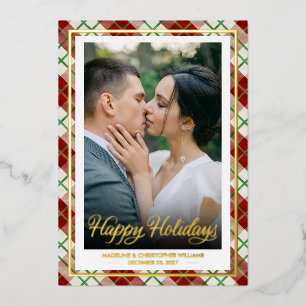 Happy Holidays Green and Red Plaid Couple Photo Foil Holiday Card