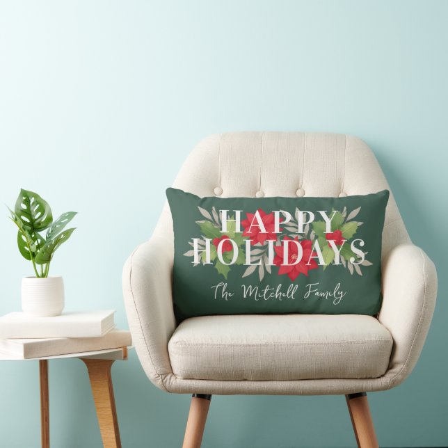 Happy Holidays Green Christmas Floral Family Name Lumbar Pillow (Chair)