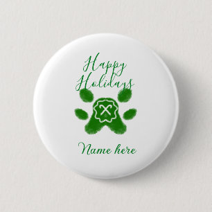 Happy holidays green dog pet paw candy cane animal 2 inch round button
