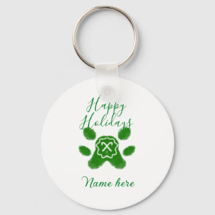 Happy holidays green dog pet paw candy cane animal keychain
