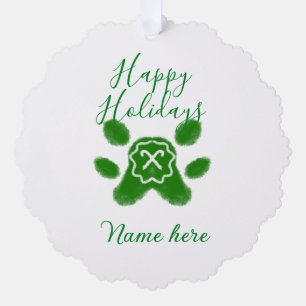 Happy holidays green dog pet paw candy cane animal ornament card
