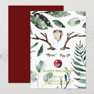 HAPPY Holidays   Green Foliage Reindeer Magnolia Holiday Card