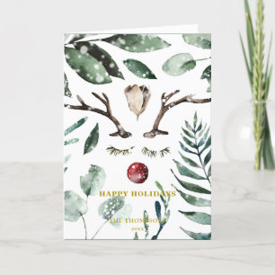 HAPPY Holidays   Green Foliage Reindeer Magnolia Holiday Card